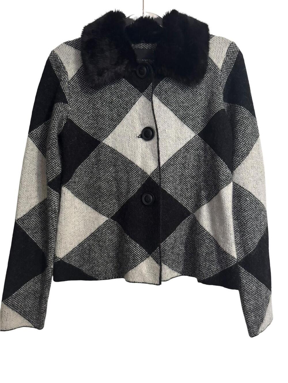 Cynthia Rowley Black and Gray Checkered Wool Blend Jacket with Faux Fur Collar - Picture 3 of 6